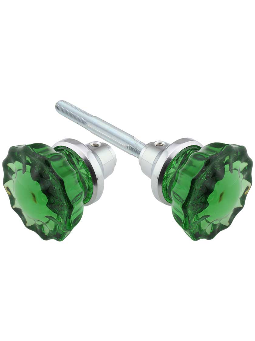 Pair of Emerald Fluted Crystal Glass Door Knobs